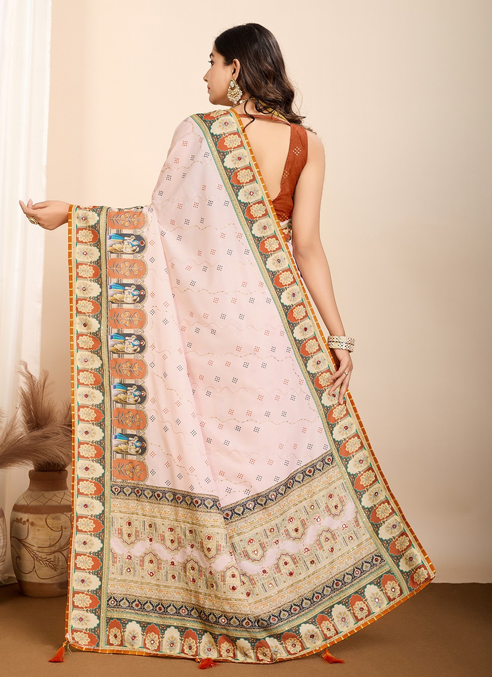 Traditional Digital Print Orange Cotton Saree S13479
