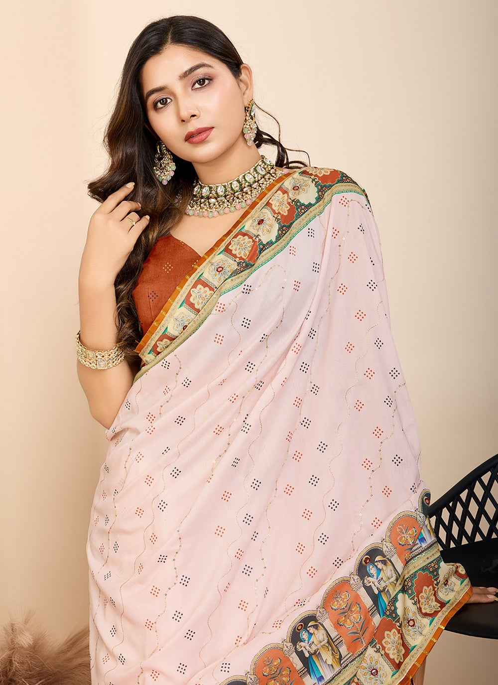 Traditional Digital Print Orange Cotton Saree S13479