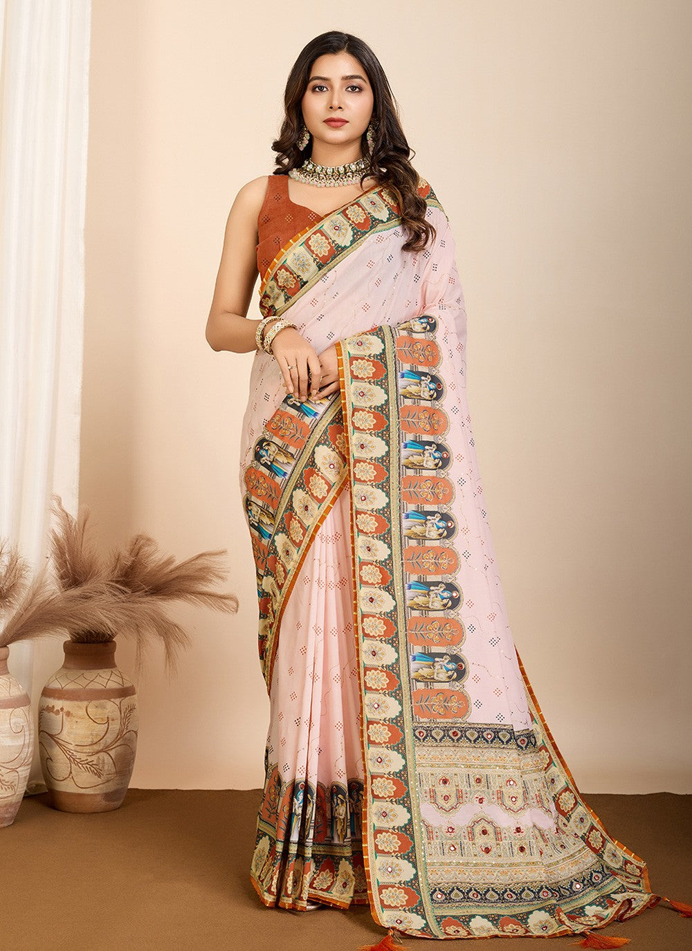 Traditional Digital Print Orange Cotton Saree S13479