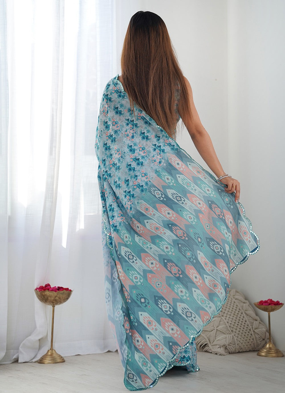 Classic Saree Digital Print Blue Chinon S12387