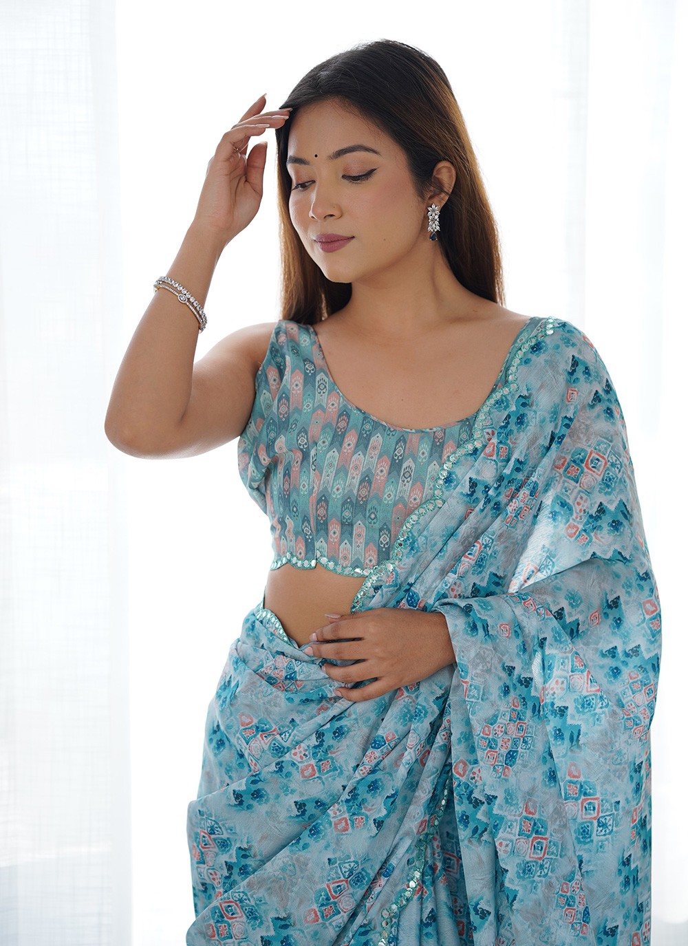 Classic Saree Digital Print Blue Chinon S12387