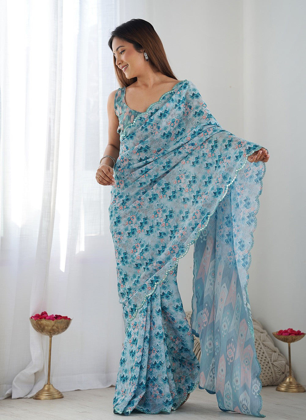 Classic Saree Digital Print Blue Chinon Saree S12387