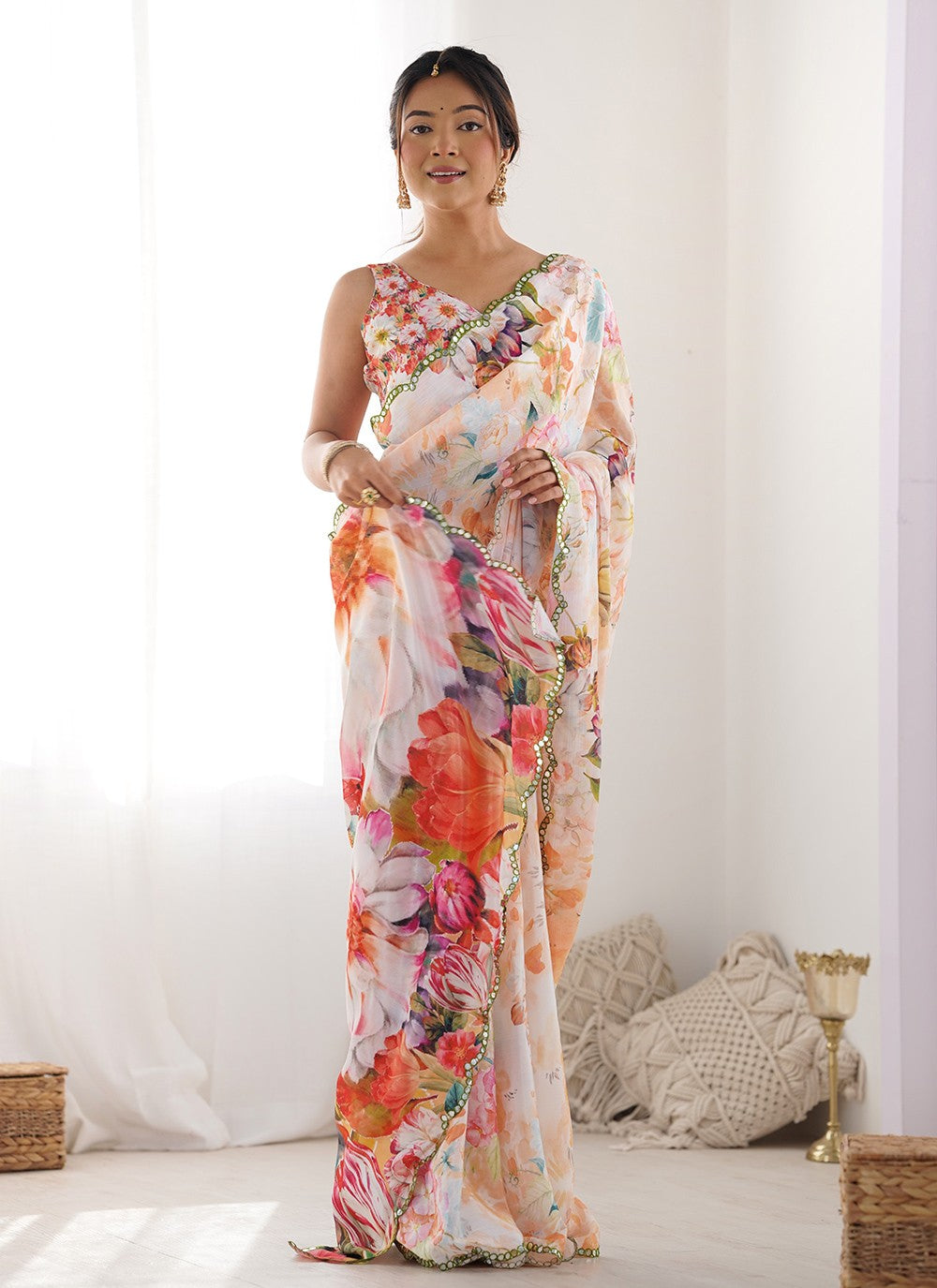 Classic Saree Digital Print Multi Colour Chinon Saree S12398