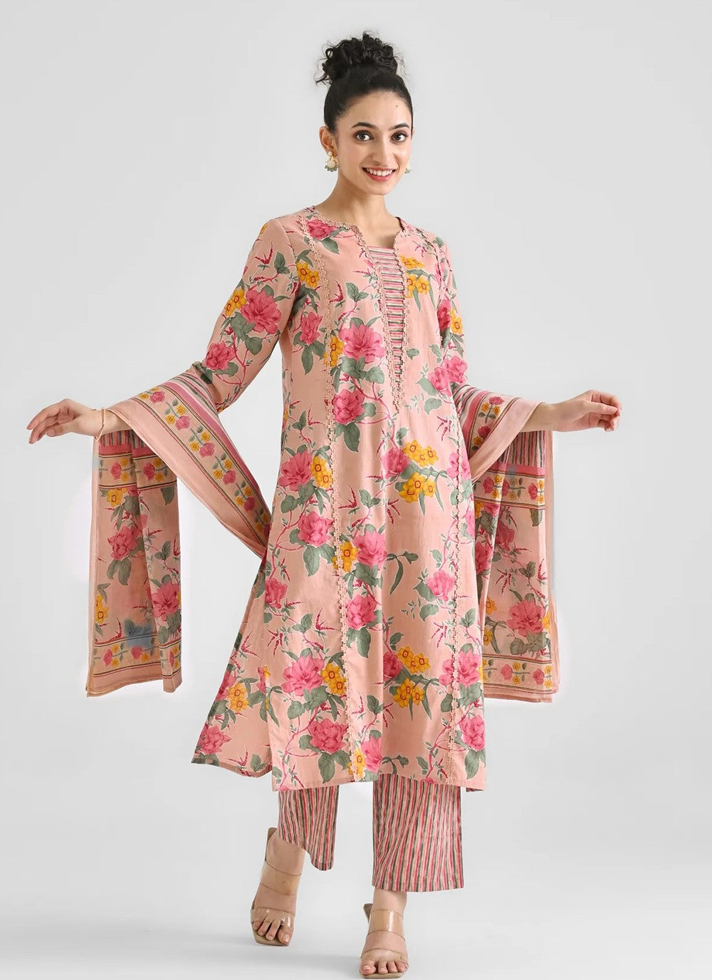 Pant Style Suit Digital Print Peach Rayon T5048
