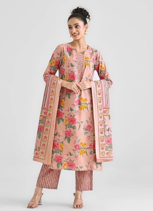 Pant Style Suit Digital Print Peach Rayon T5048