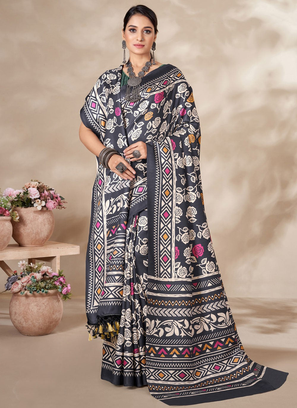 Casual Digital Print Pashmina Saree - S4281