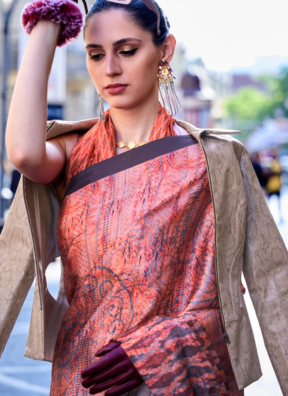 Classic Digital Print Faux Crepe, Satin Saree - S4169