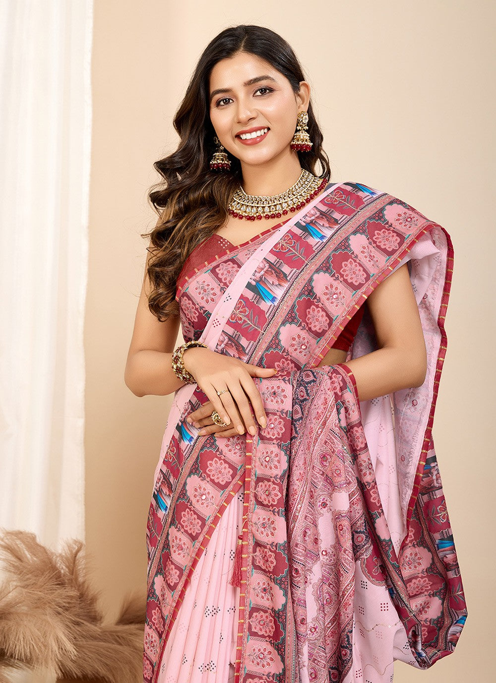 Classic Saree Digital Print Pink Cotton Saree S13482