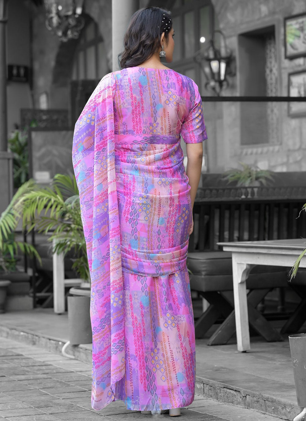 Digital Print Georgette Pink Saree S14536