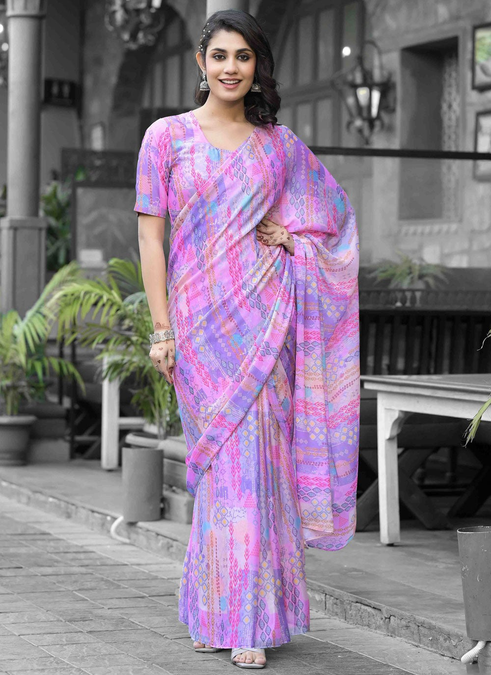 Digital Print Georgette Pink Saree S14536