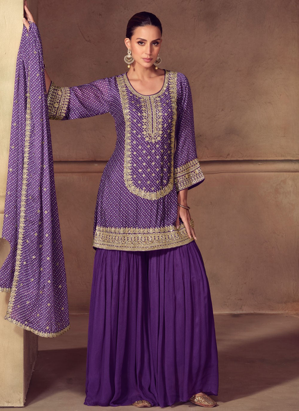 Palazzo Suit Digital Print, Embroidered, Zari Purple T7805