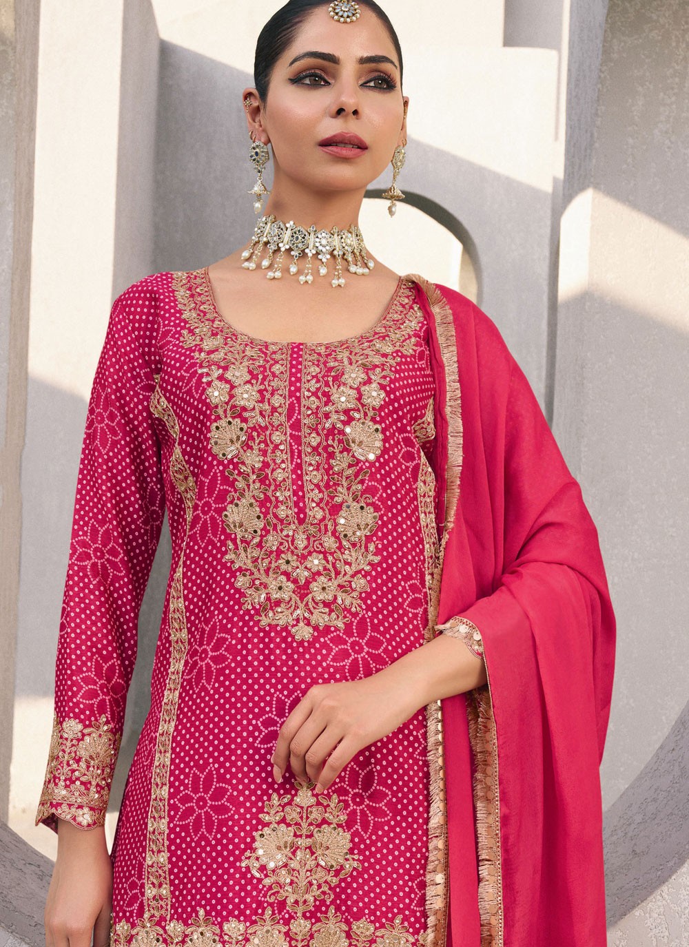 Digital Print Chinon Hot Pink Palazzo Suit T6276