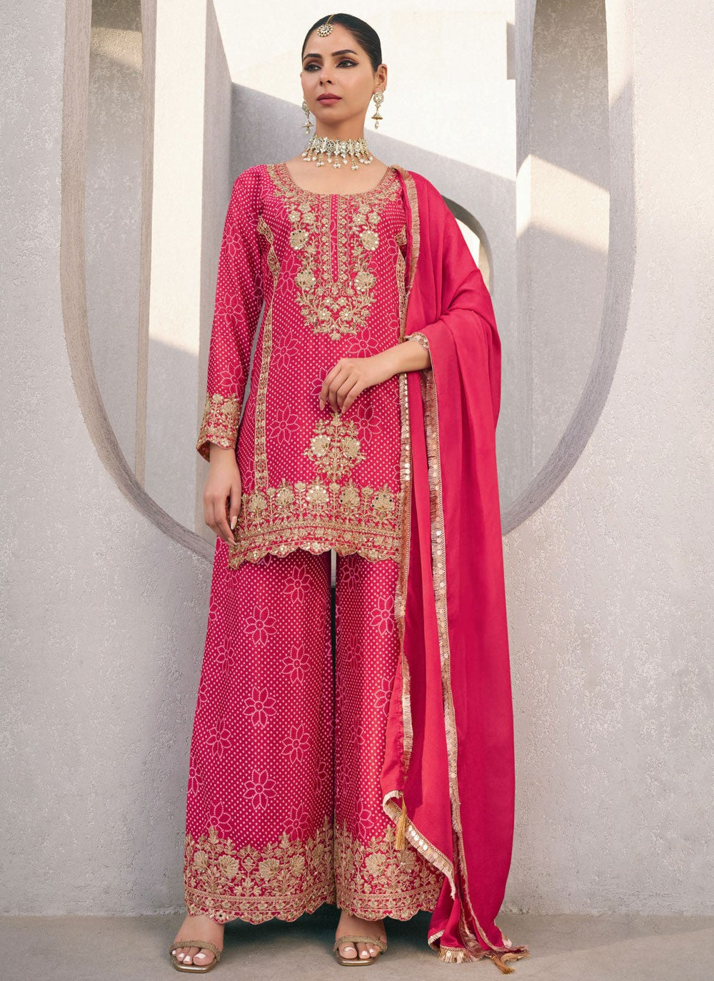 Digital Print Chinon Hot Pink Palazzo Suit T6276