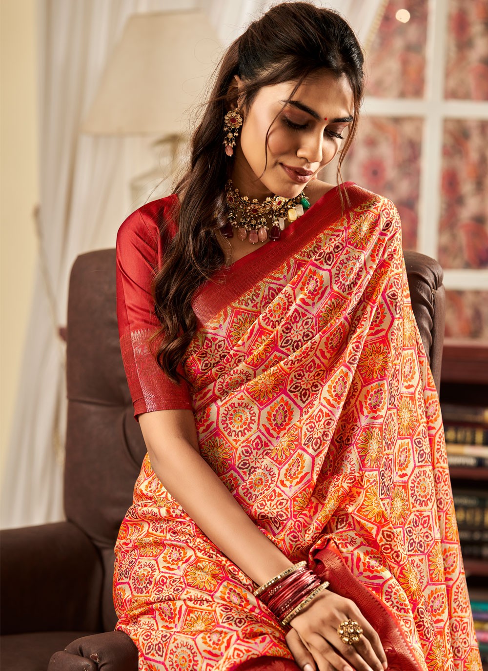 Classic Digital Print Satin Saree - S3936