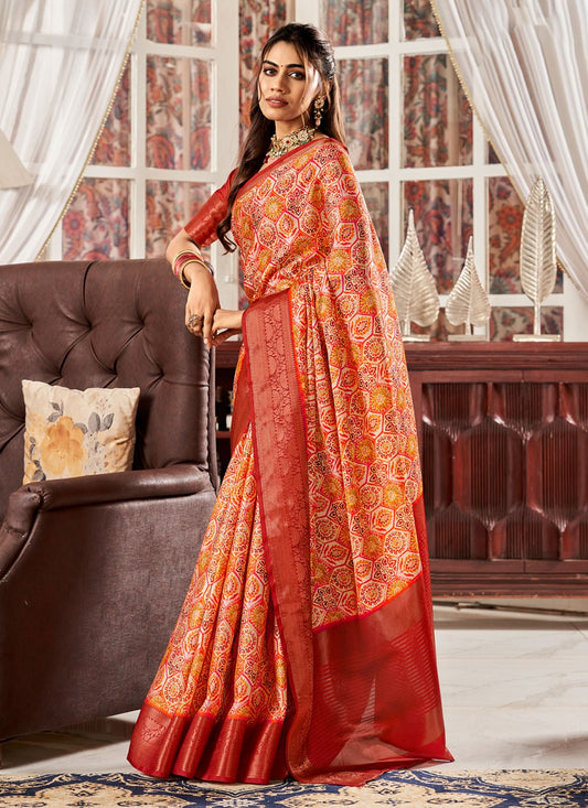 Classic Digital Print Satin Saree - S3936