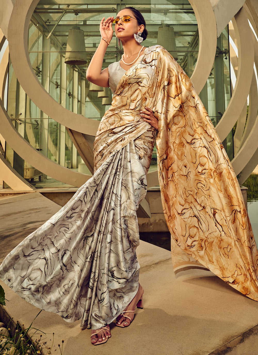 Classic Digital Print Satin Saree - S4000