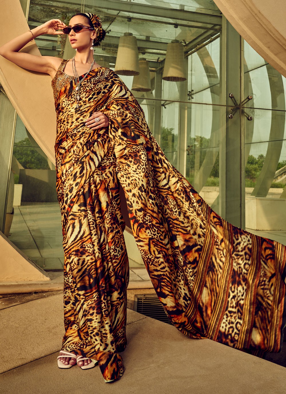 Classic Digital Print Satin Saree - S4000