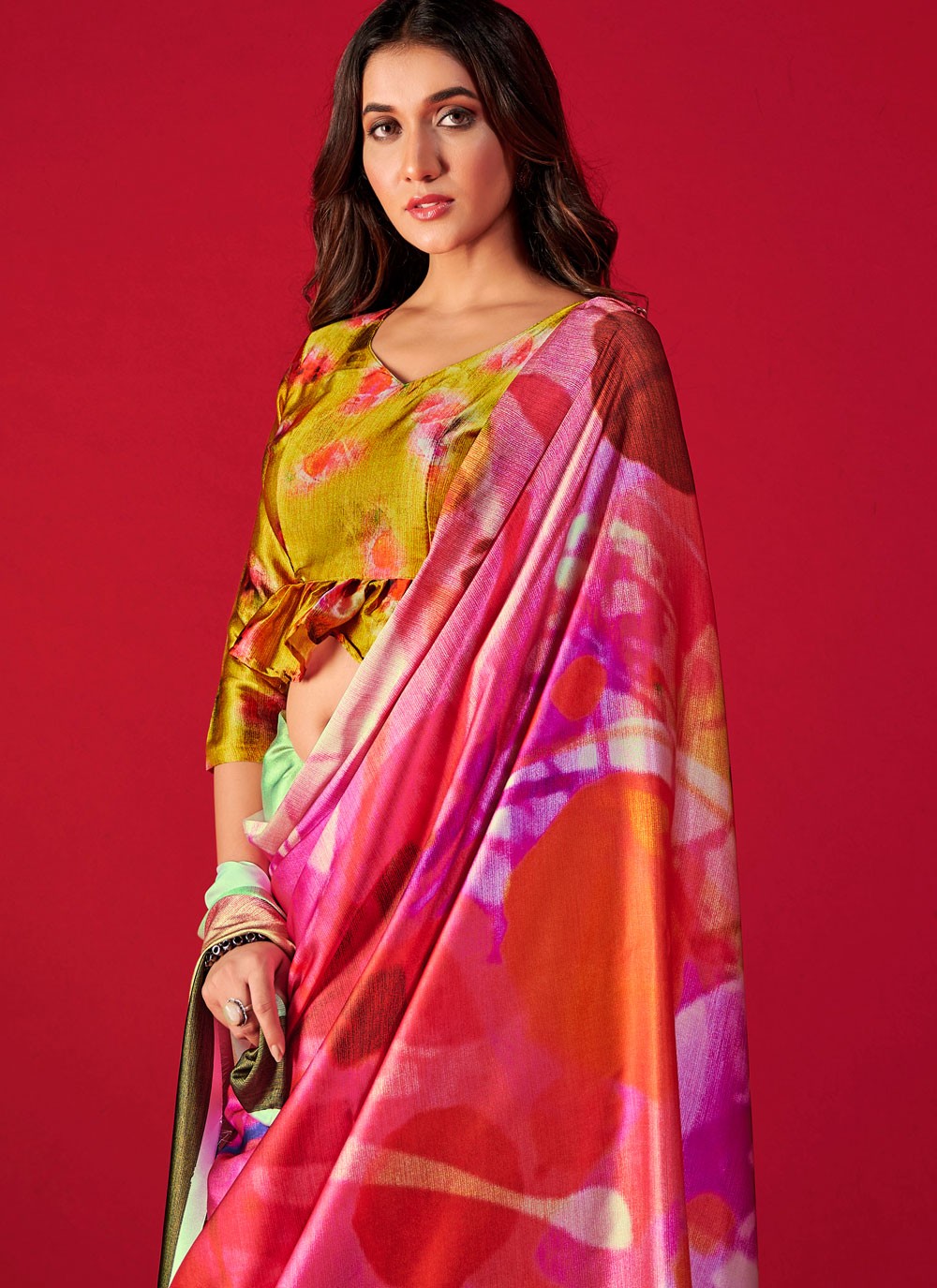 Trendy Digital Print Pure Crepe, Satin Saree - S5666