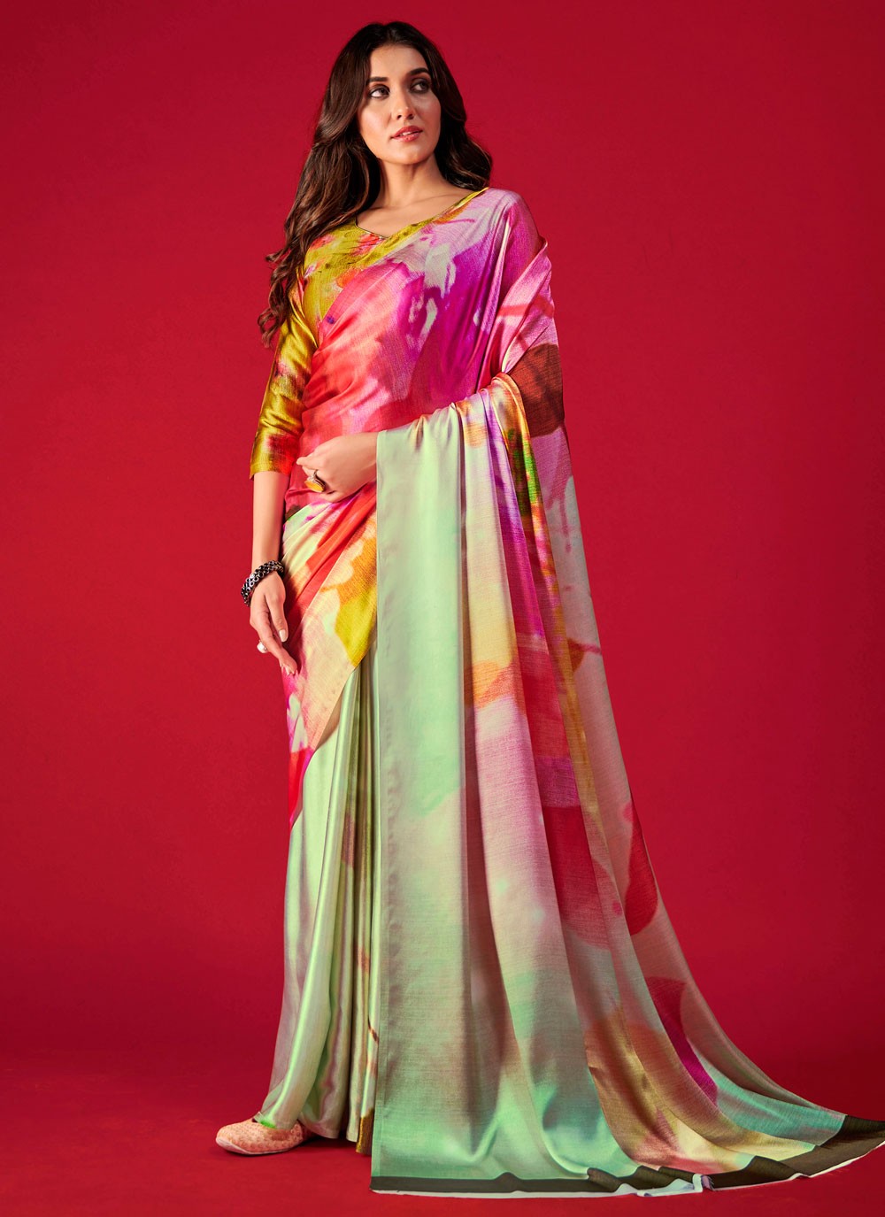 Trendy Digital Print Pure Crepe, Satin Saree - S5666