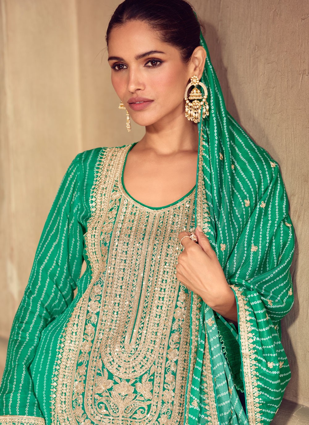 Palazzo Suit Digital Print, Embroidered, Zari Green T7807