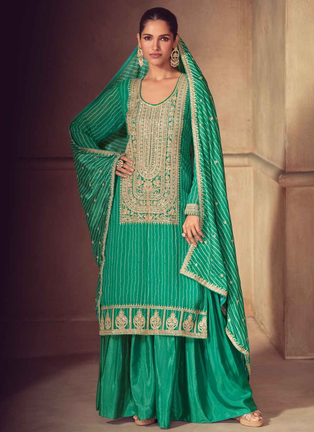Palazzo Suit Digital Print, Embroidered, Zari Green T7807