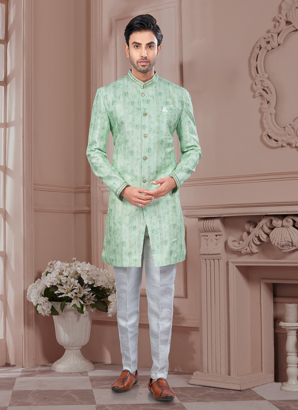 Digital Print Imported, Silk Green Indo Western Sherwani - M8627