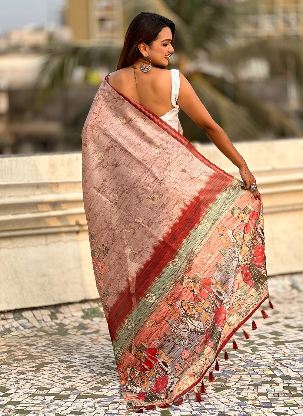 Border Work Silk Peach Trendy Saree S15390