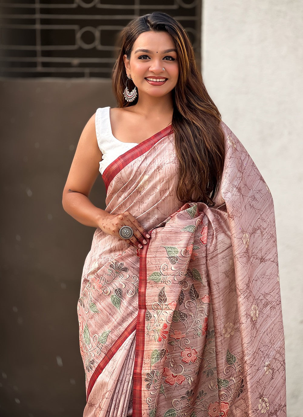 Border Work Silk Peach Trendy Saree S15390