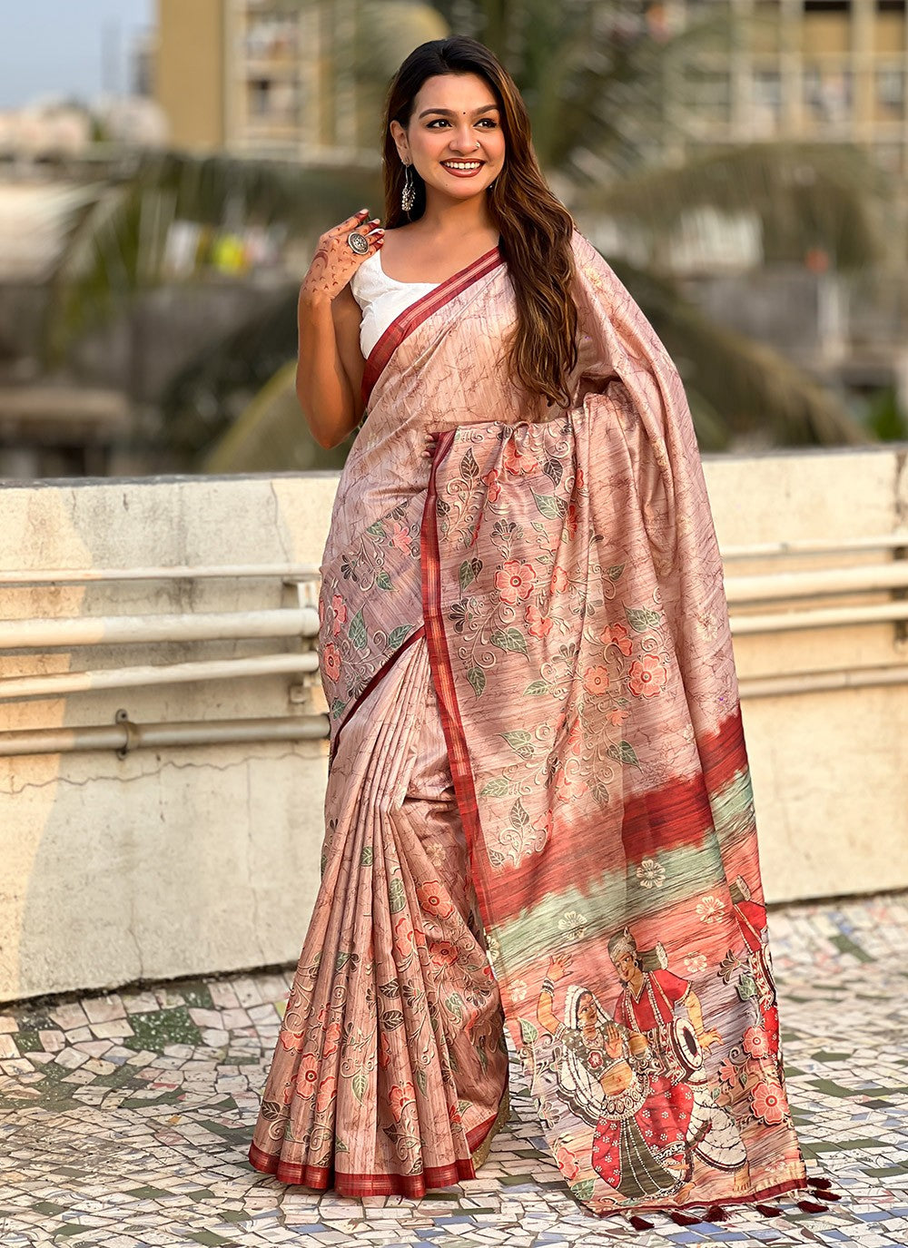 Border Work Silk Peach Trendy Saree S15390