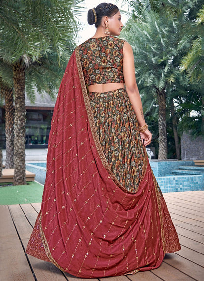Digital Print Chinon, Silk Maroon Lehenga - L3247