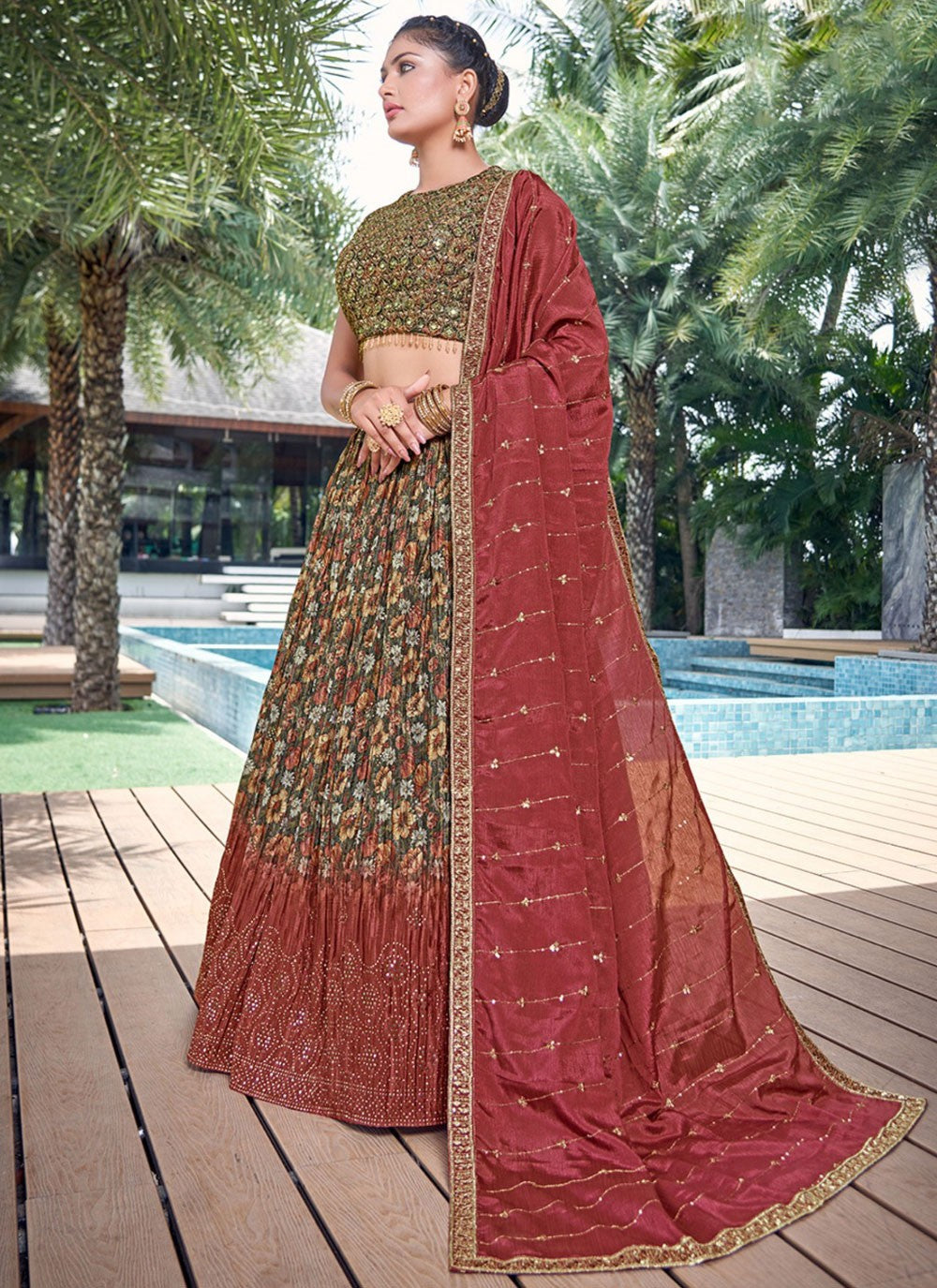 Digital Print Chinon, Silk Maroon Lehenga - L3247