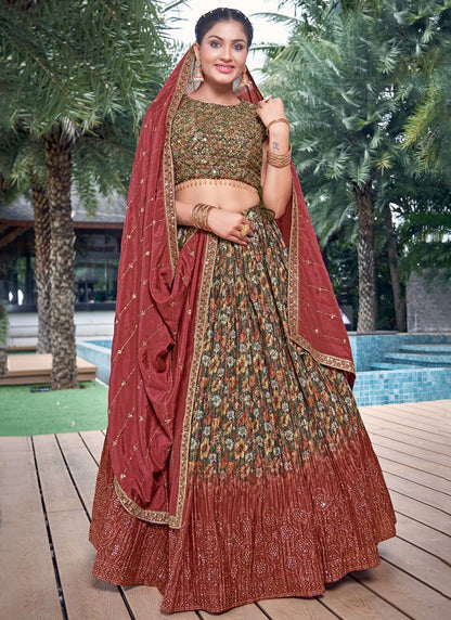 Digital Print Chinon, Silk Maroon Lehenga - L3247