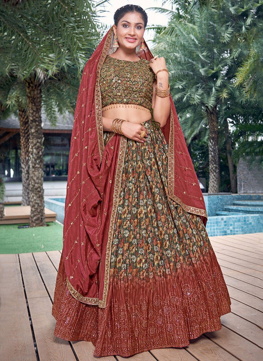 Digital Print Chinon, Silk Maroon Lehenga - L3247