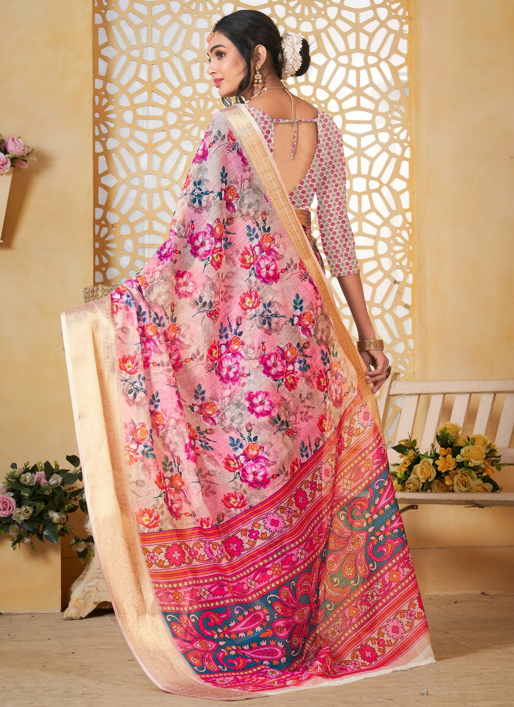 Digital Print Linen Pink Saree S14712
