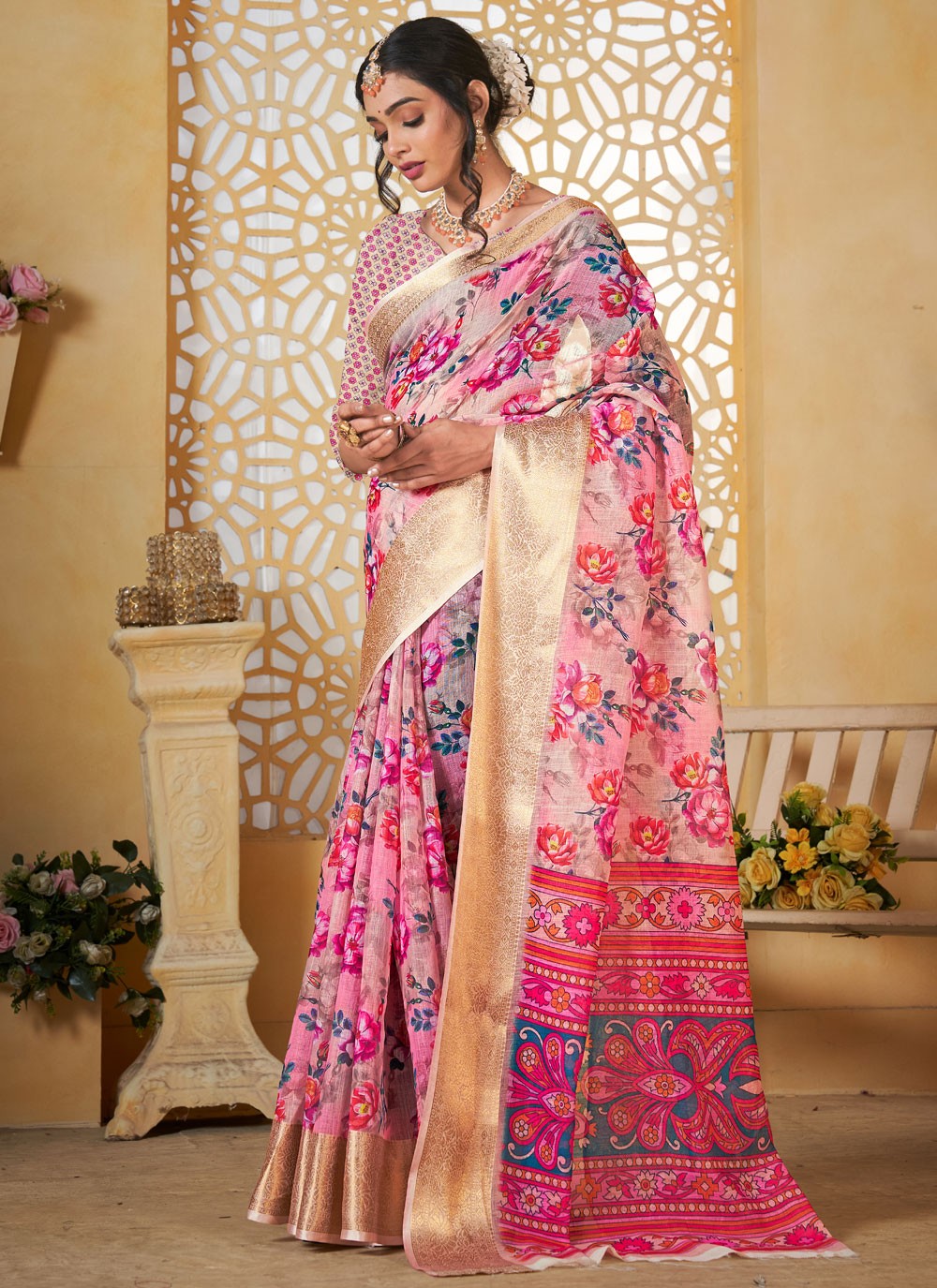 Digital Print Linen Pink Saree S14712