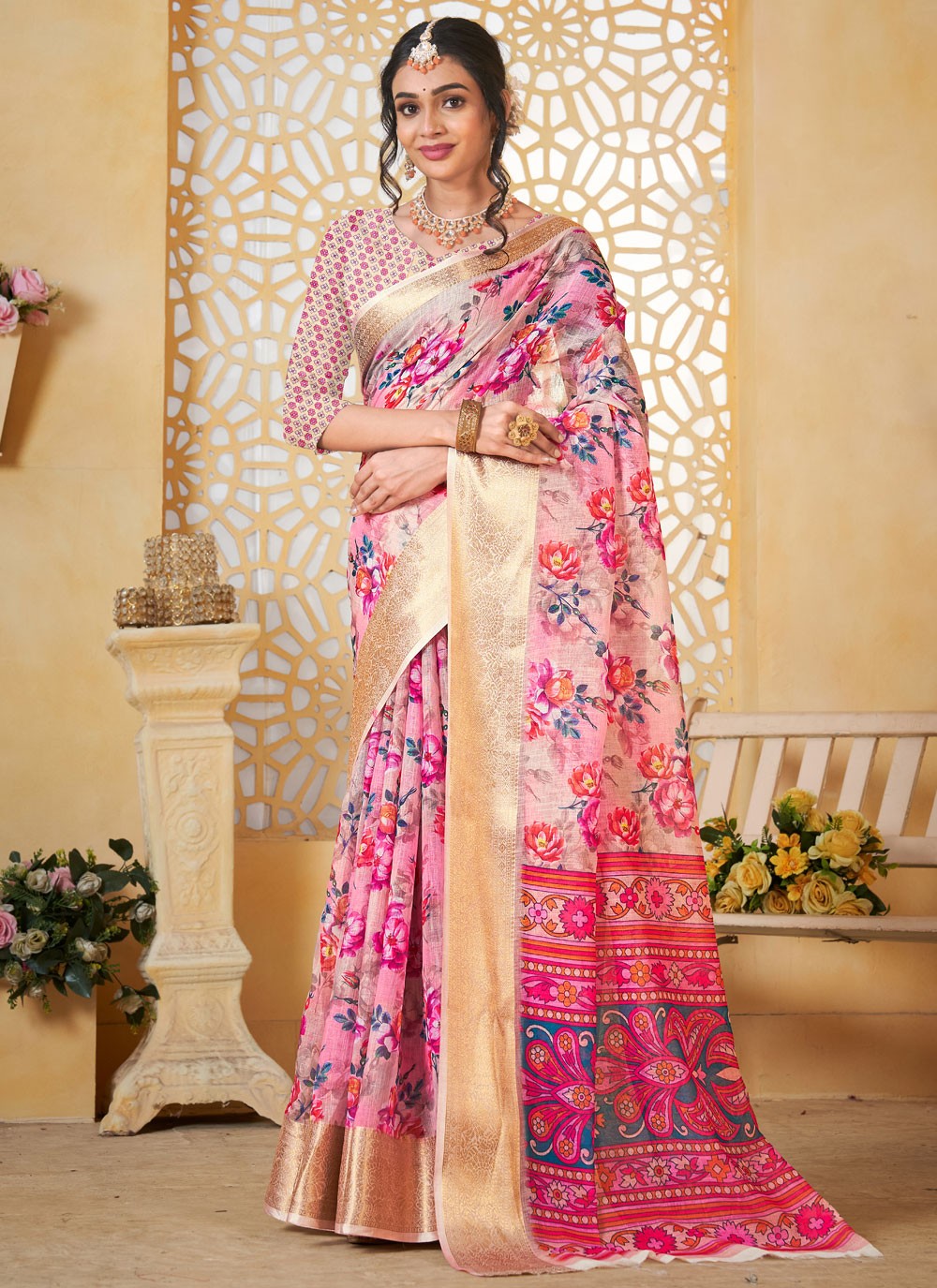 Digital Print Linen Pink Saree S14712