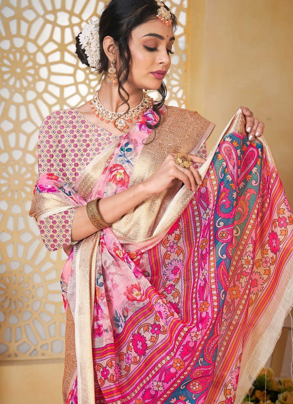 Digital Print Linen Pink Saree S14712