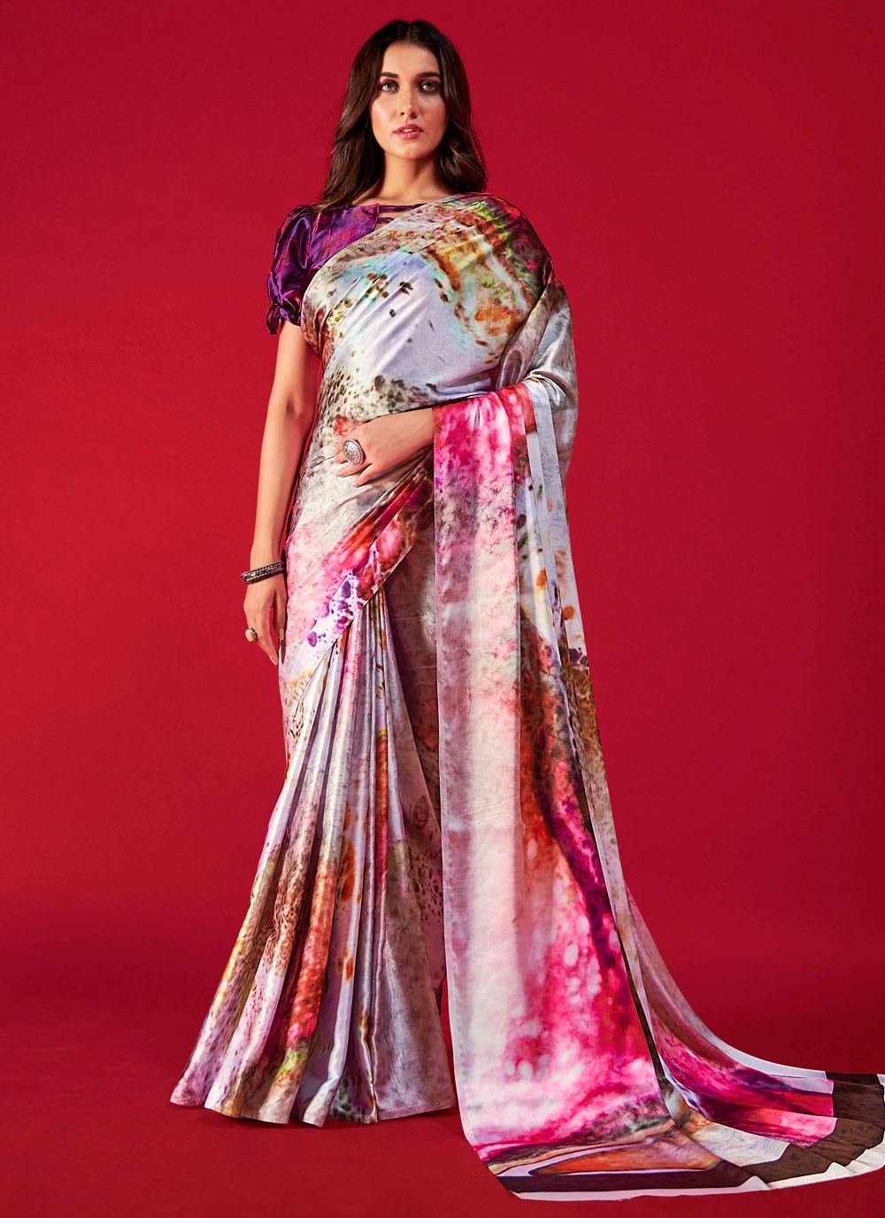 Trendy Digital Print Pure Crepe, Satin Saree - S5666