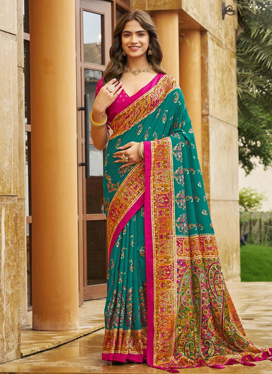 Teal Silk Trendy Saree Digital Print S19351