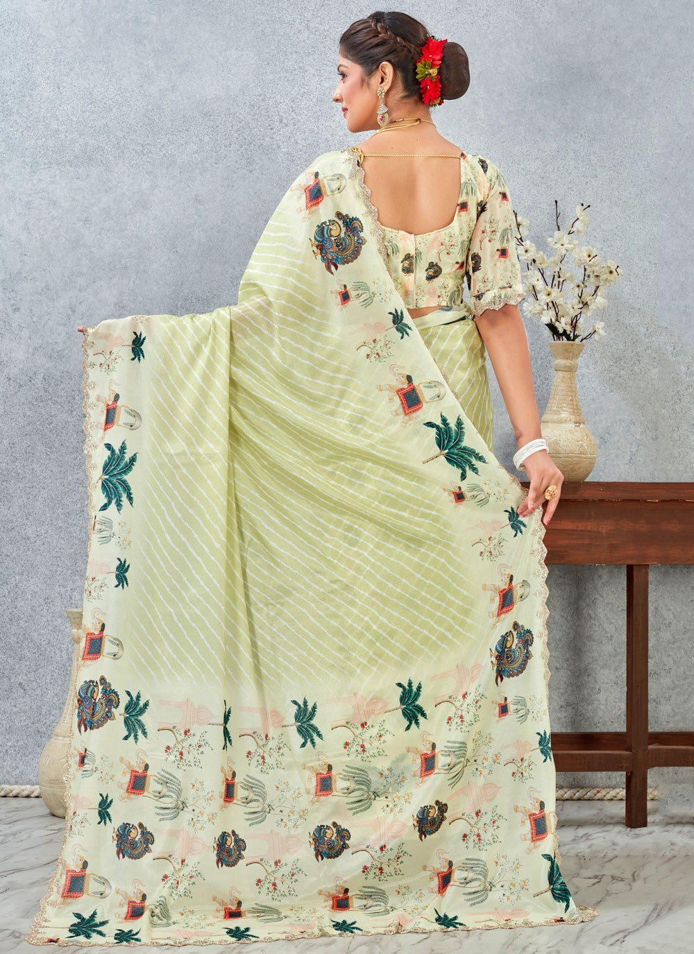 Green Satin Silk Trendy Saree Digital Print S20212