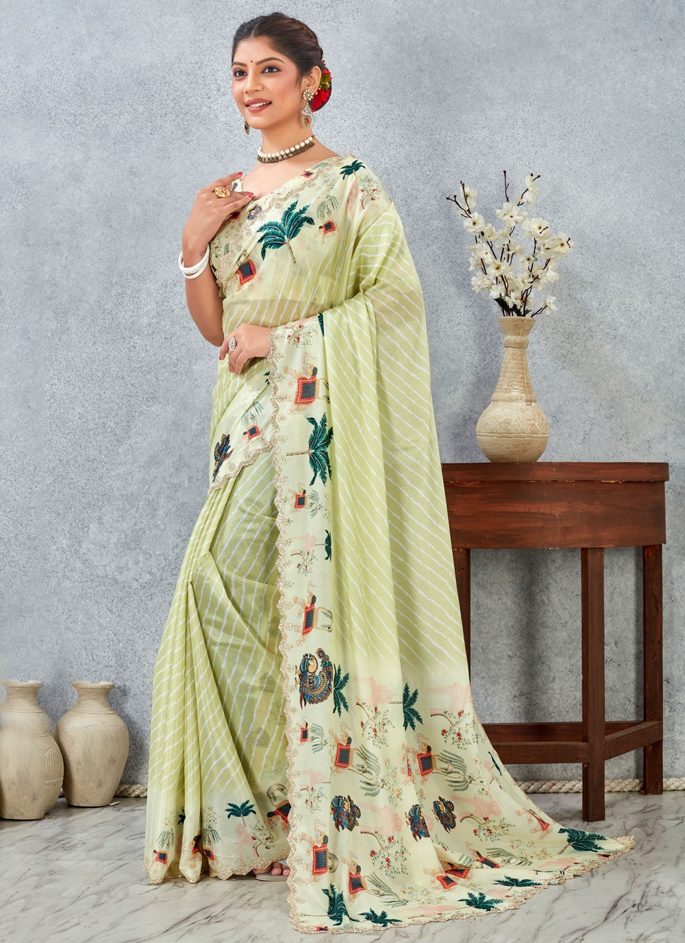 Green Satin Silk Trendy Saree Digital Print S20212