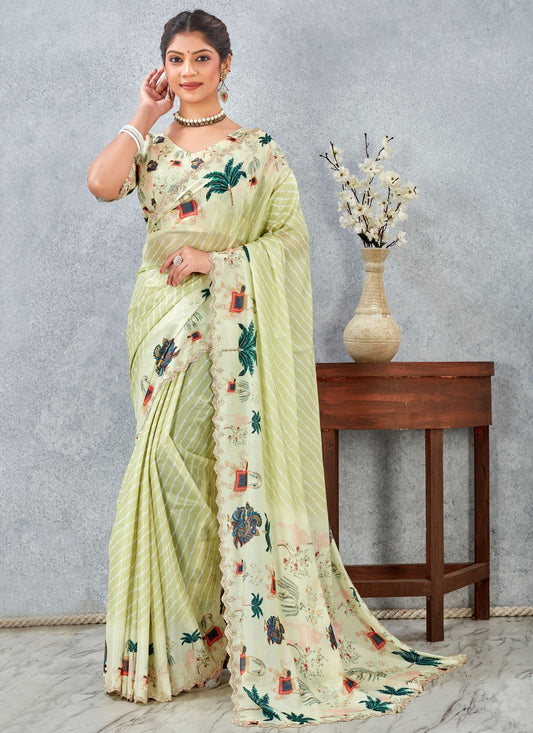 Green Satin Silk Trendy Saree Digital Print S20212