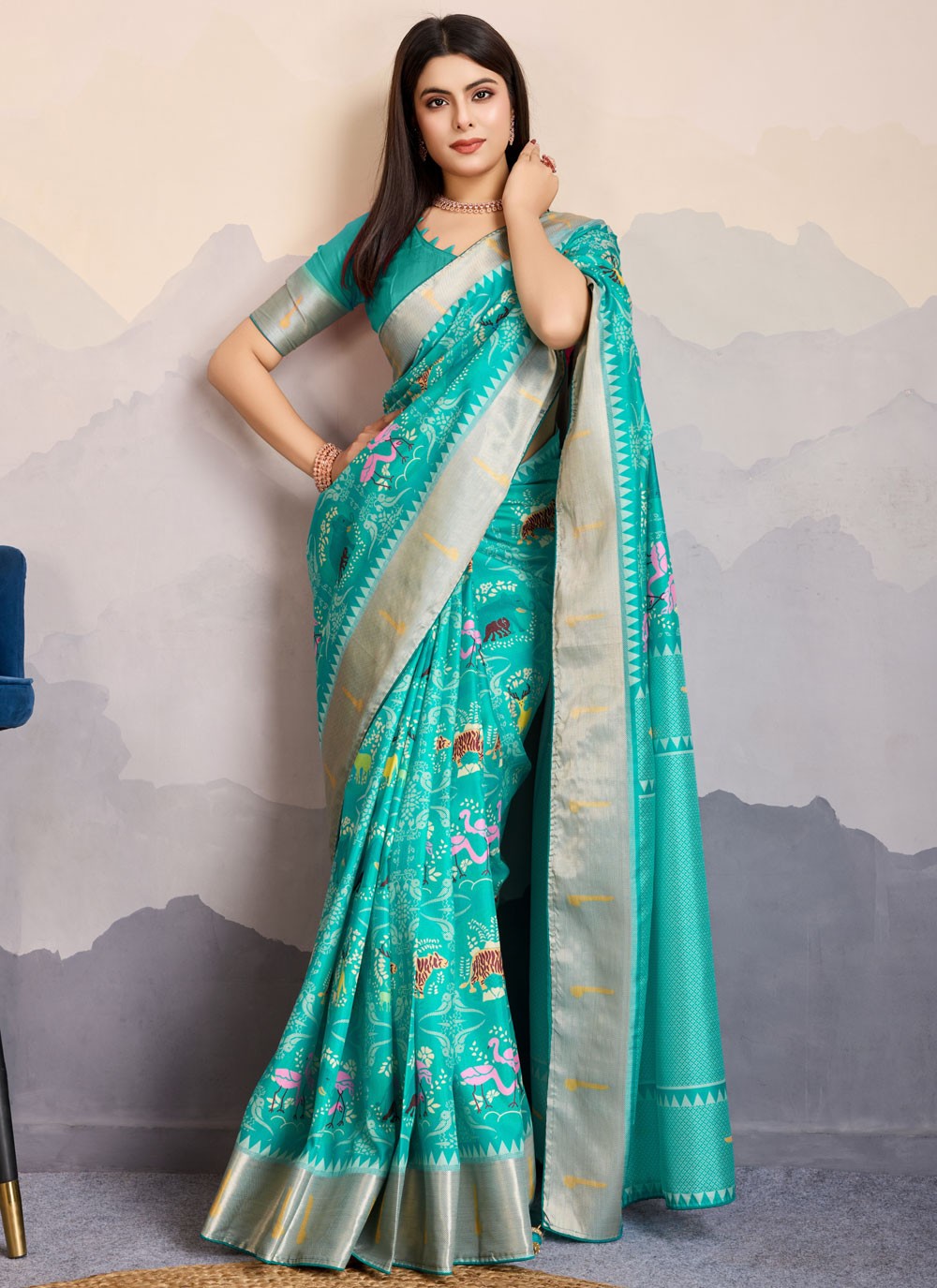 Digital Print Pure Dola Turquoise Designer Saree S14911