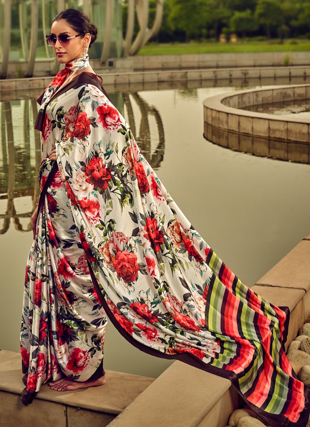 Classic Digital Print Satin Saree - S4000