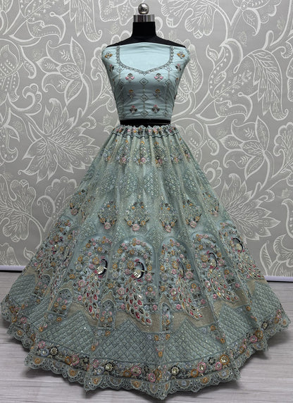 Dimond Net Aqua Blue Lehenga - L3335