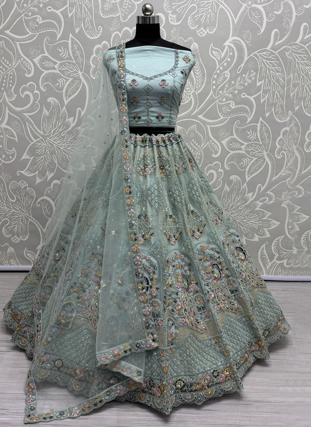 Dimond Net Aqua Blue Lehenga - L3335