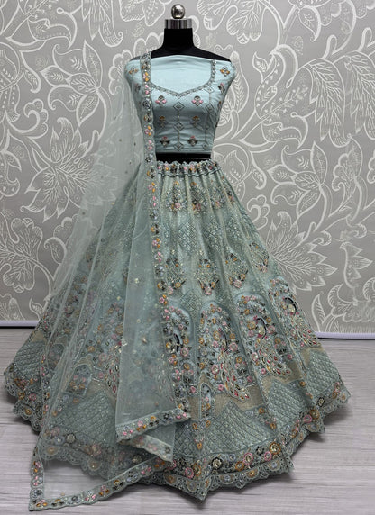 Dimond Net Aqua Blue Lehenga - L3335