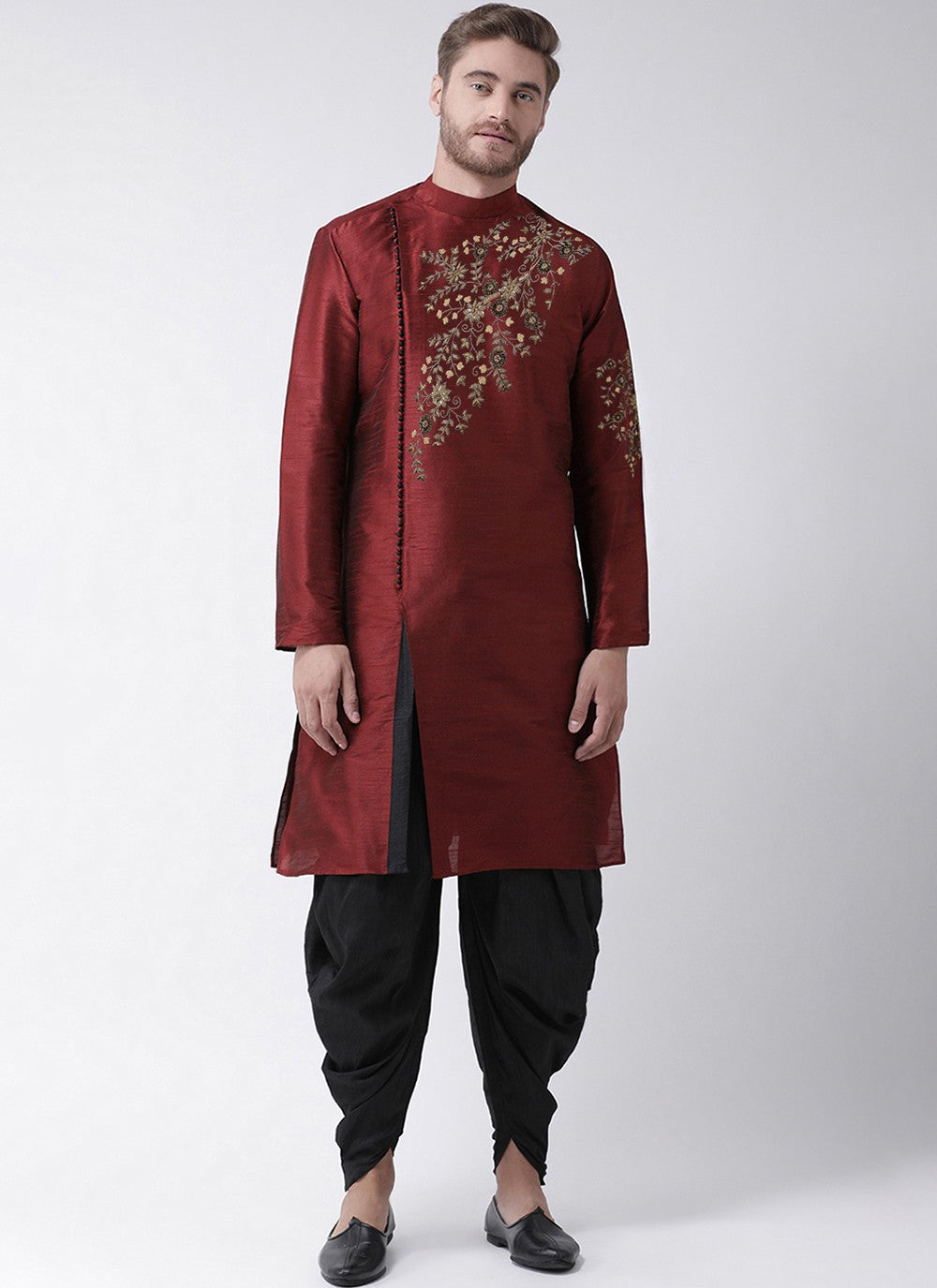Embroidered Dupion Silk Maroon Angrakha - M3207