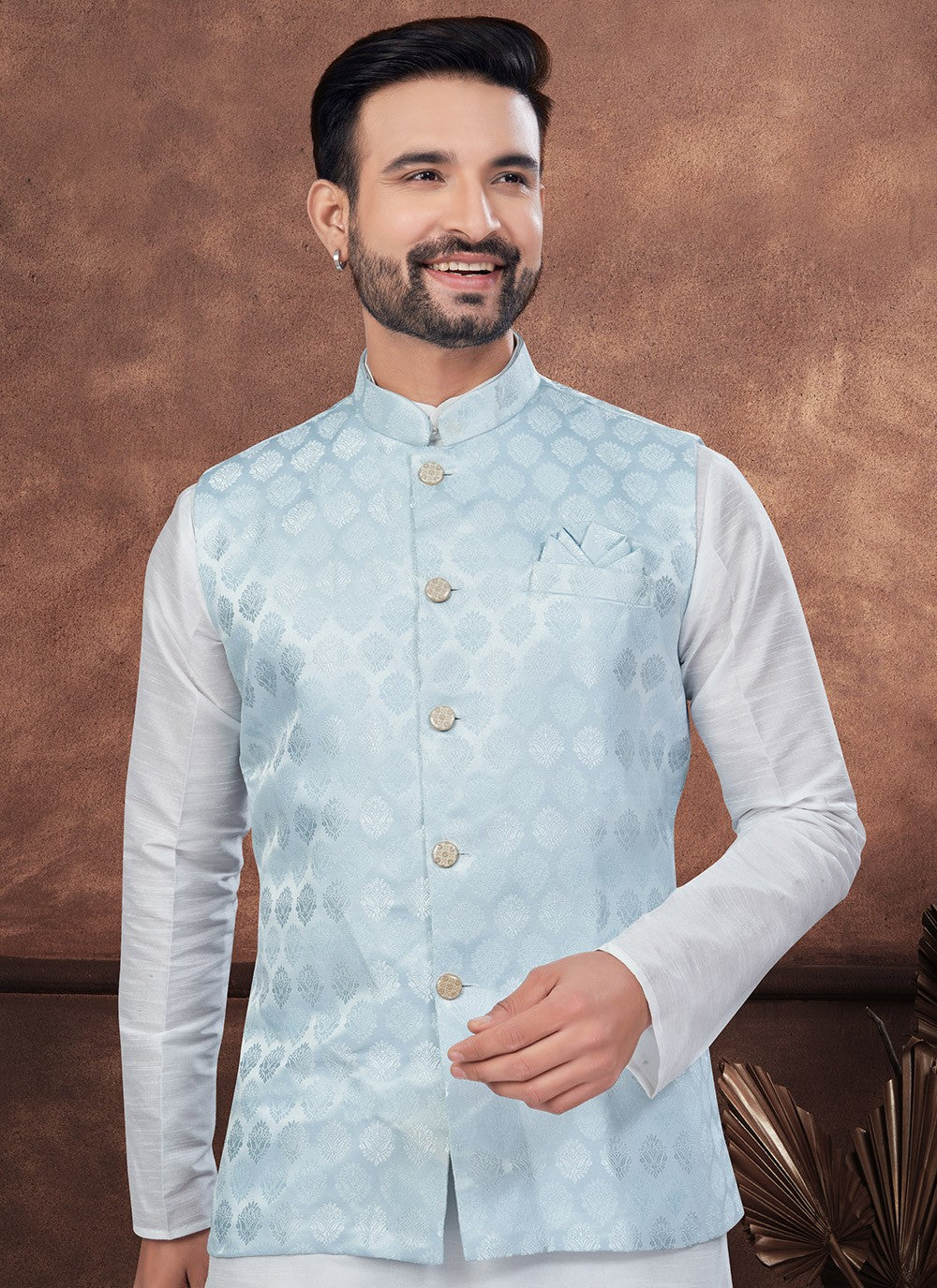 Buttons Dupion Silk, Imported, Jacquard Aqua Blue, Off White Kurta Payjama With Jacket - M8665