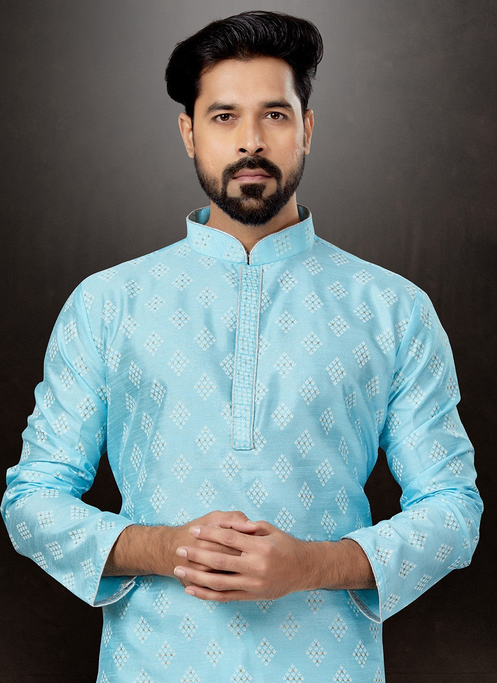 Printed Dupion Silk Aqua Blue Kurta - M5755
